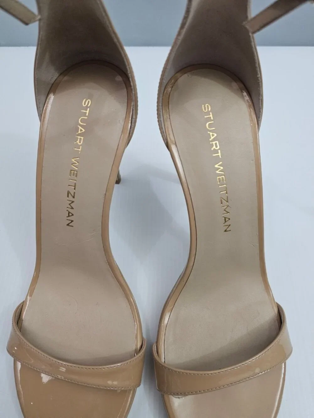 Stuart Weitzman Nudist Platform Heel Sandal Womens 9 Adobe Tan Patent Leather